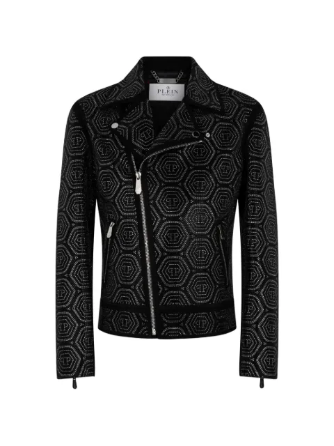 Philipp Plein monogram stone biker jacket Black PAFCMLB2067PLE009N