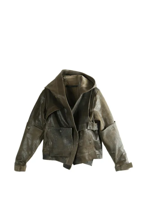 YEHUAFAN hooded leather jacket Green 1039
