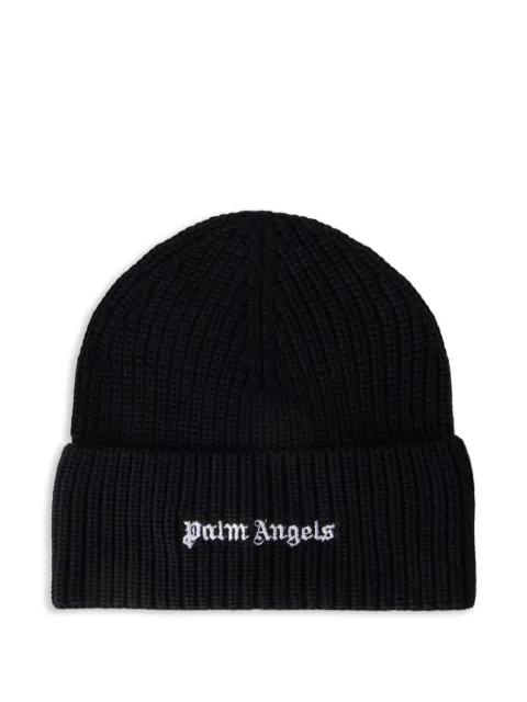 Palm Angels logo ribbed beanie hat Black PMLC030S26KNI0021003