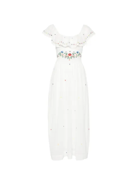 Rixo Ebony ruffled embroidered midi dress White 0100529212607538