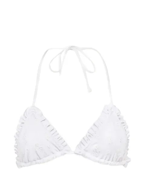 Chloé ruffled-trim floral-embroidered bikini top White CH25AMB11471