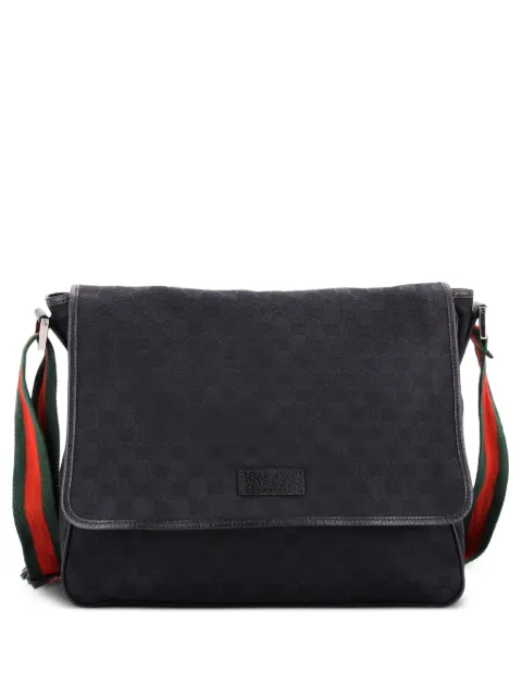 Gucci Pre-Owned Web Strap Flap Messenger GG Canvas Medium crossbody bag Black BC8FUWEMBU7XMLV0