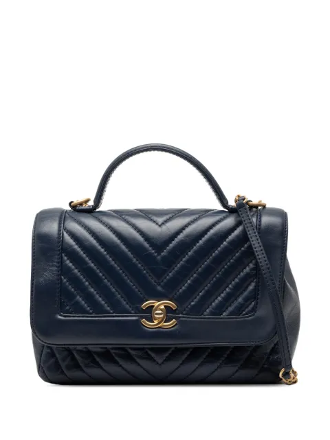 CHANEL Pre-Owned 2017-2018 CC Chevron Aged Calfskin Top Handle Flap satchel Blue HBFJP4CT33CYH3SY