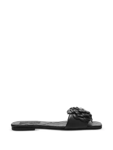 Philipp Plein leather flat slides flower Black PAFSWSA0781PLE005N