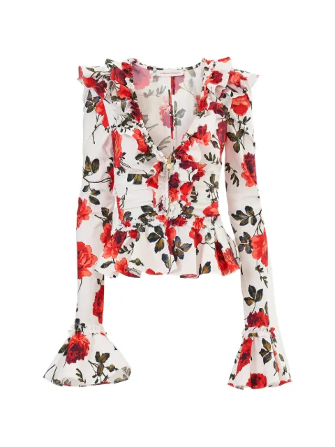 Carolina Herrera rose-print ruched ruffle top White S2611N211SMT