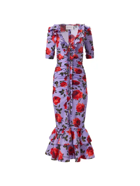 Carolina Herrera rose-print ruched midi dress Purple S2611N510SMT