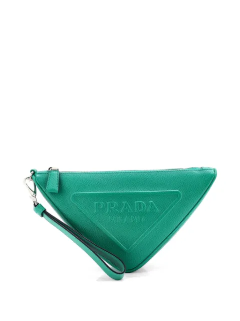 Prada Pre-Owned Triangle Logo Wristlet Pouch Embossed Saffiano Leather Mini clutch bag Green 4VDBPN36R2GC5WCU