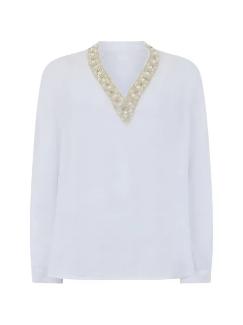 120% Lino V-neck embellished blouse White 33ALIW1PKI0000115002