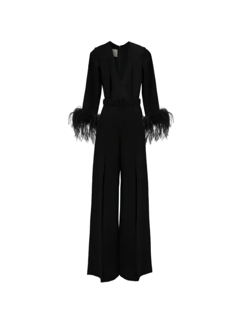 Gemy Maalouf feather-trim V-neckline jumpsuit Black LPW236780JMPBELT