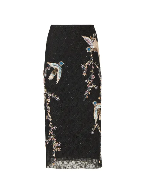 Costarellos Vivi corded-lace bird-appliqué lace midi skirt Black FW2564