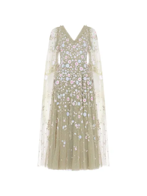 Needle & Thread Ethereal Blooms cape-sleeve floral-print gown maxi dress Green DGCP01RPS26ALM