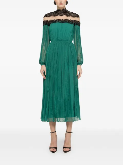 NISSA lace panel silk midi dress Green RS16217