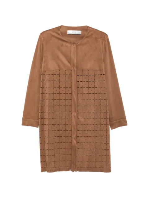 D.Exterior perforated-details fringed long-sleeve coat Brown 52519