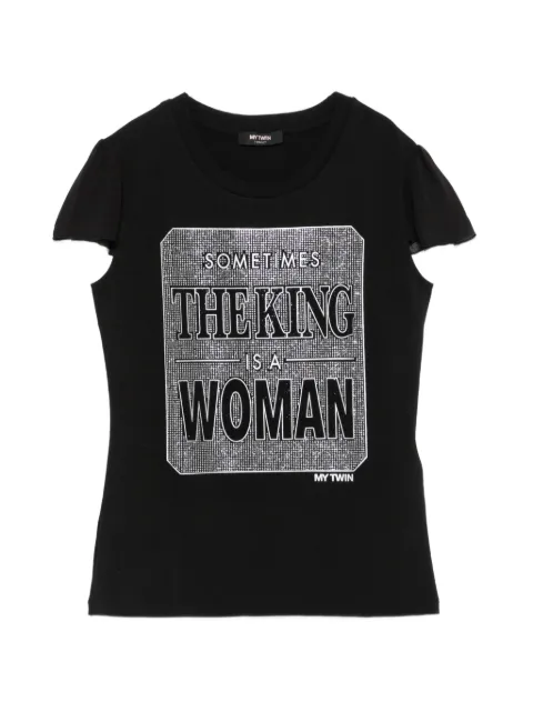 MY TWIN slogan-print flutter-sleeve cotton T-shirt Black 201MP2351