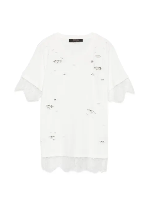 MY TWIN lace-trim distressed cotton T-shirt White 201MP2357