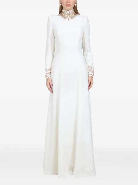 Dina Melwani embellished high-neck crepe gown maxi dress White DM2026170129