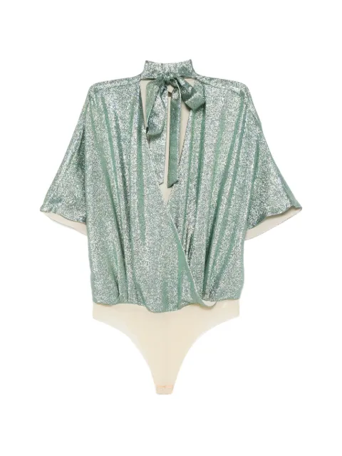 SIMONA CORSELLINI glitter-effect wrap-style bodysuit Green P20CPBD001