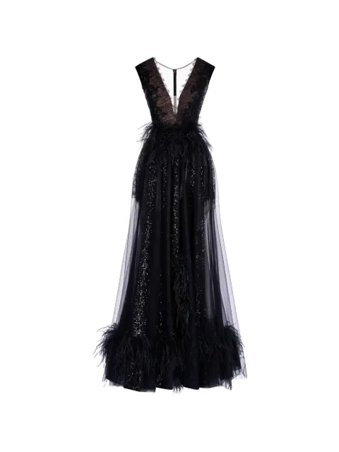 IMROSKA maxi Imroska Onyx lace feather-trim dress Black IMROSKAONYX