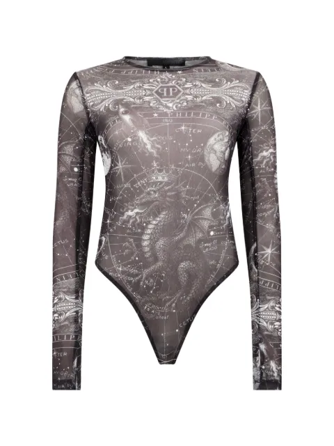 Philipp Plein Zodiac-print tulle bodysuit Black FAFCWRK0714PTE067N