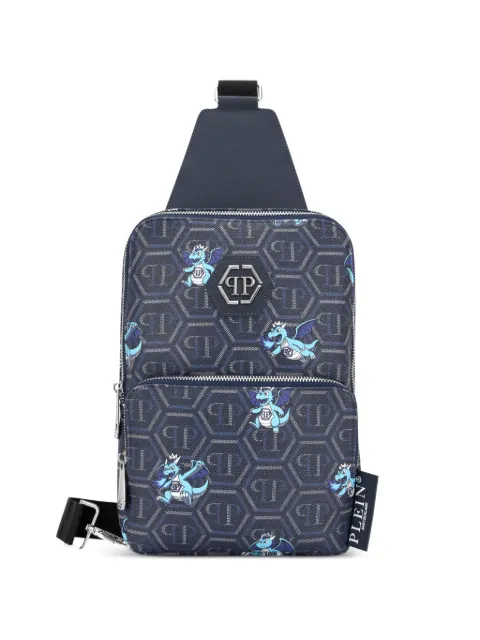 Philipp Plein monogram-print dragon-motif shoulder bag Blue FAFAMBA1524PLE010N