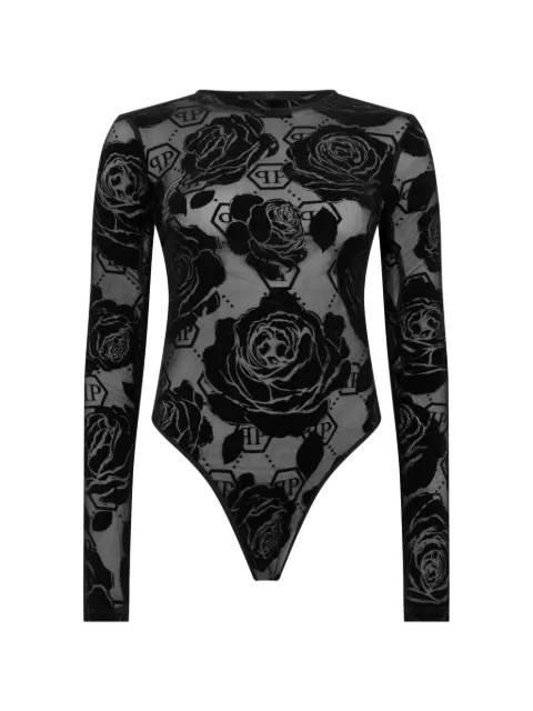 Philipp Plein flock-flower monogram-print bodysuit Black FAFCWRK0711PTE067N
