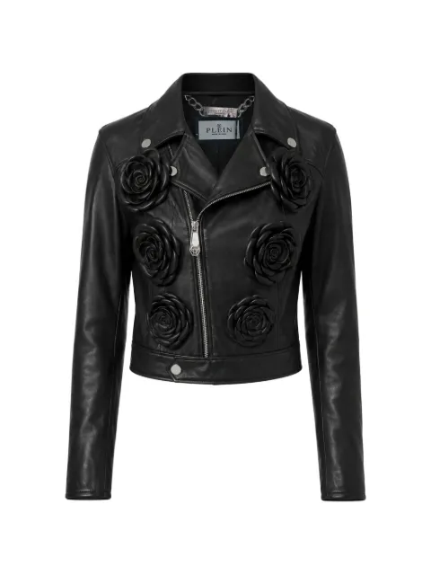 Philipp Plein cropped biker jacket Flower Black FAFCWLB1209PLE010N