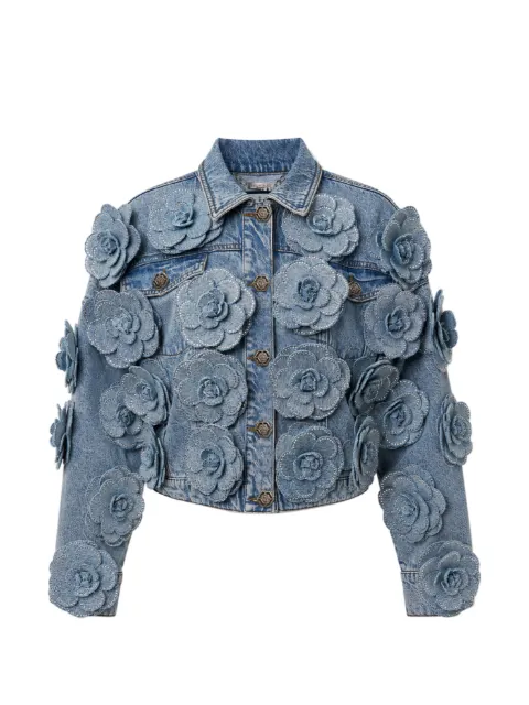 Philipp Plein cropped denim jacket all-over roses Blue FAFCWDB0676PDE004N