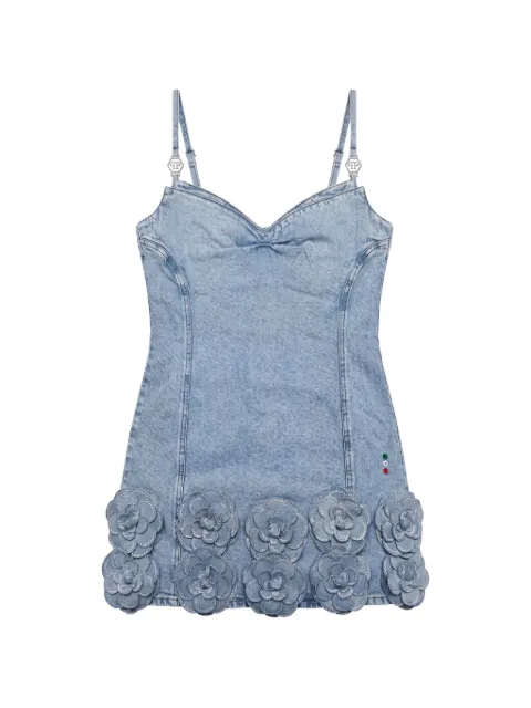 Philipp Plein denim mini dress roses strass Blue FAFCWDG0154PDE004N