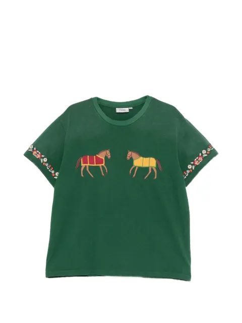 FOUND Horse Equine embroidered floral-trim T-shirt Green FOSS26TT11012