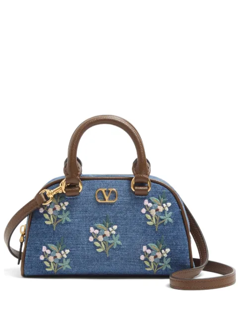 Valentino Garavani VLogo signature mini top-handle bag in denim with floral embroidery Blue WP0AX7MDU