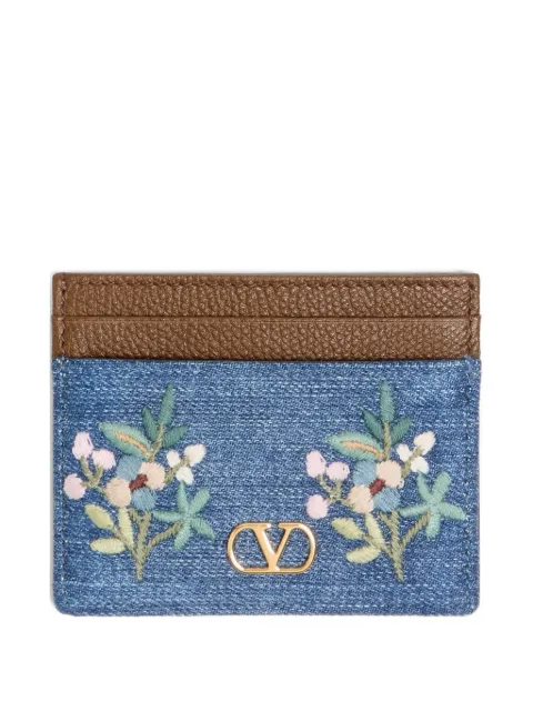 Valentino Garavani VLogo Signature card holder in denim with floral embroidery Brown WP0AJ7MDU