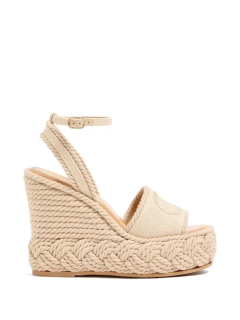 Valentino Garavani VLogo torchon wedge sandals in linen canvas 130mm Neutrals WS0JS0BCH