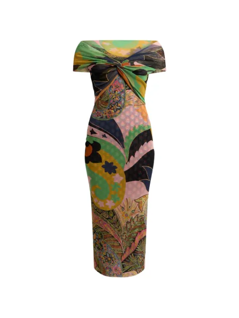 ETRO tulle midi dress with open shoulders and two prints Green WRHA062199IAS73