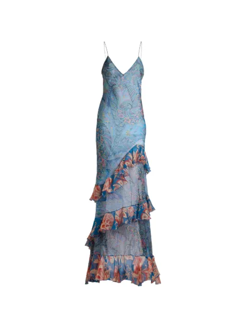 ETRO long dress in silk with ruffles and floral motif Blue WRHA062499SA1Q7