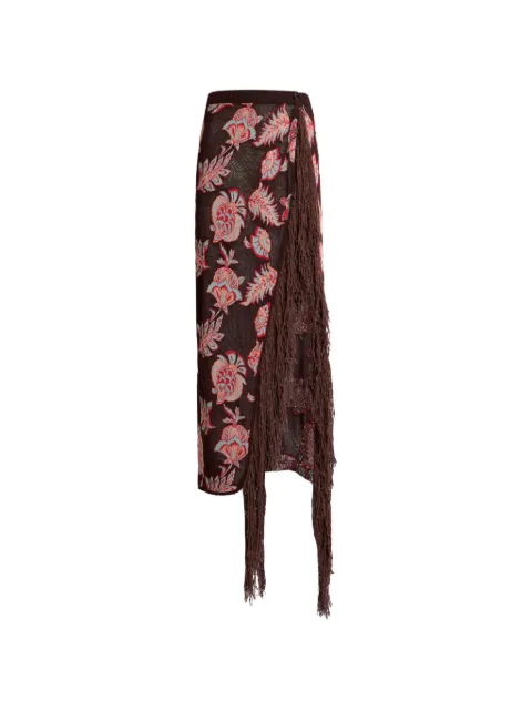 ETRO maxi skirt in cotton-blend jacquard with fringing and floral motif Brown WRKB0069AQ464