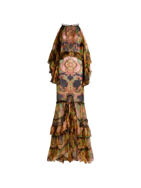 ETRO long silk dress with ruffles and placed floral print Brown WRHA061399SA1Q9