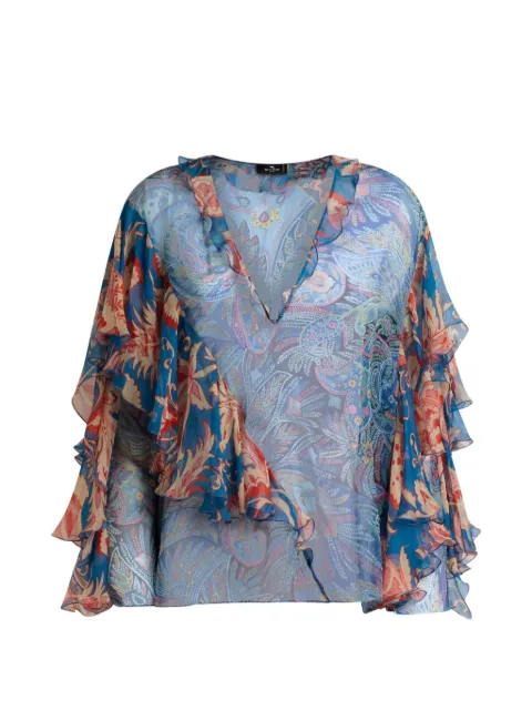 ETRO long-sleeved silk blouse with ruffles floral motif Blue WRJA017799SA1Q7