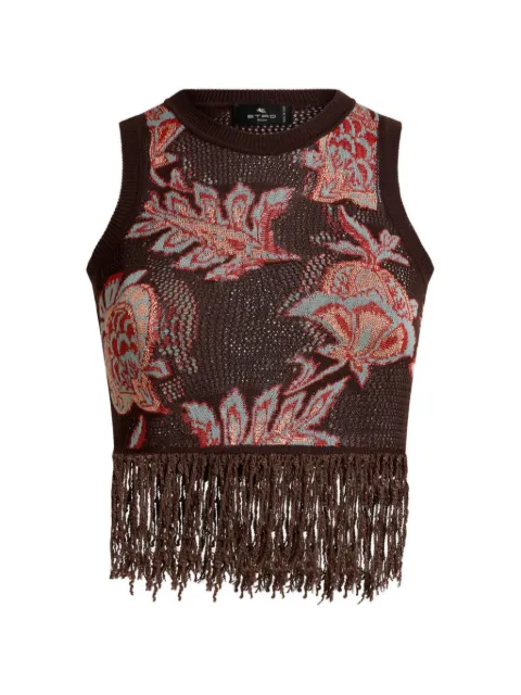 ETRO crop top in cotton blend jacquard with fringing and floral-motif Brown WRKE0404AQ464