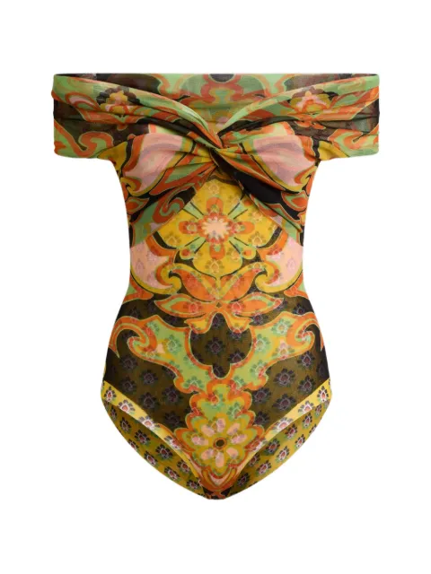 ETRO tulle bodysuit with open shoulders and placed floral print Green WRJA018199IAS67