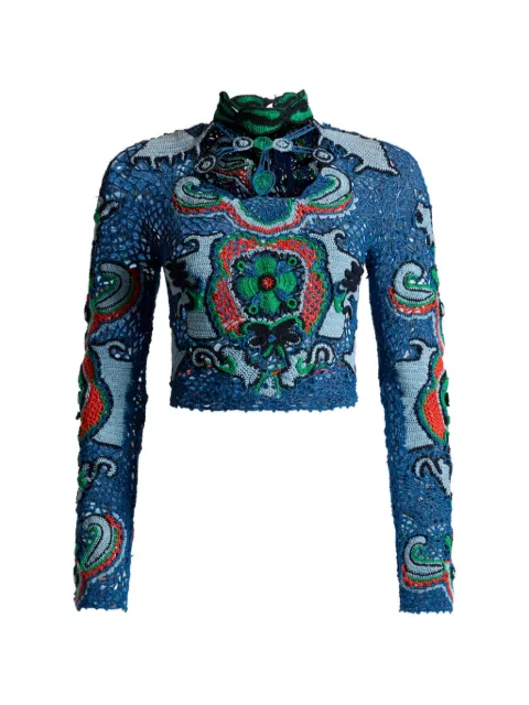 ETRO cropped cotton sweater with crochet-effect floral motif Blue WRKE0402AQ440