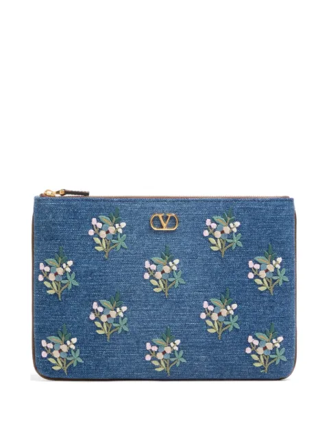 Valentino Garavani VLogo signature clutch bag in denim with floral embroidery Blue WP0AK4MDU