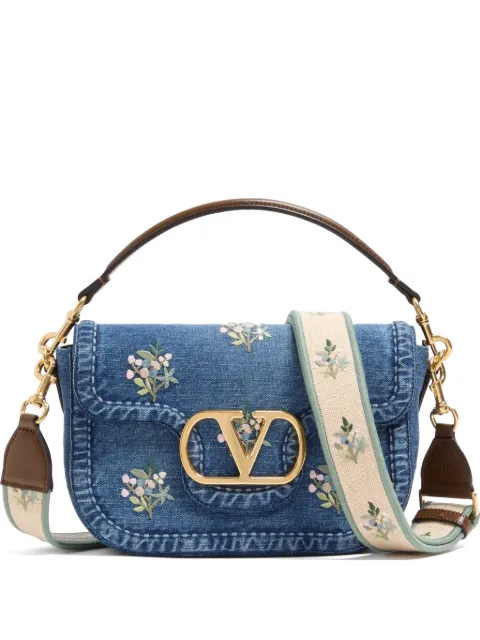 Valentino Garavani Alltime medium shoulder bag in embroidered denim with embroidered ribbon strap Blue WB0T46XNK