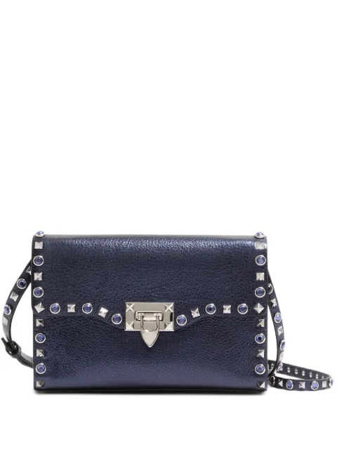 Valentino Garavani Rockstud small shoulder bag in laminated calfskin with cabochon stones Blue WB0181PAX