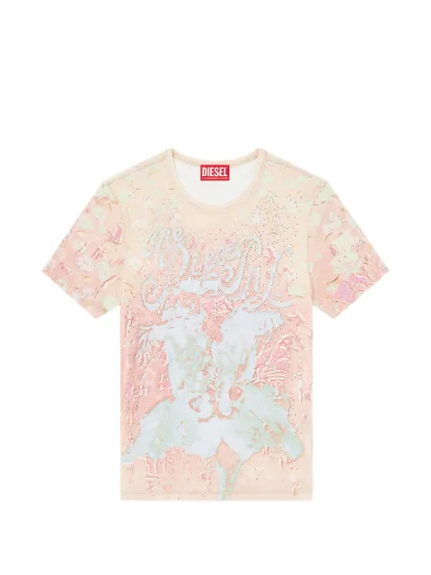Diesel animalier-print T-shirt with crystals Pink A235380BKCK