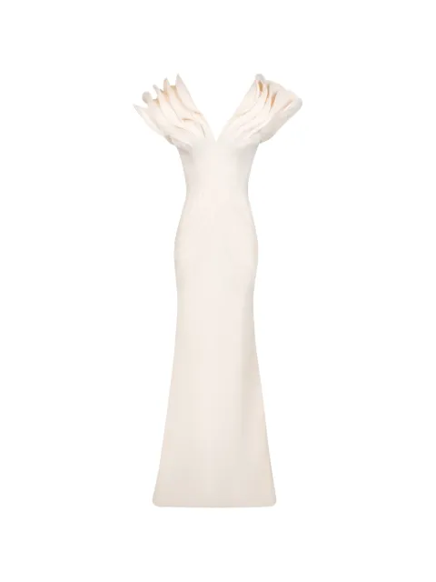 Gaby Charbachy ruffled V-neck gown White GCS2039