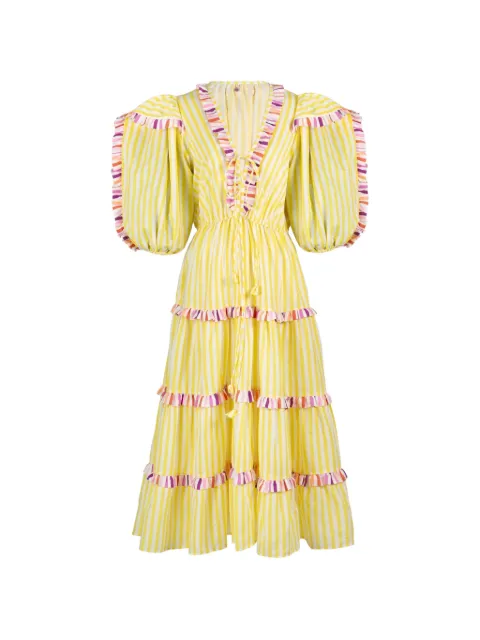 Celia B striped ruffled-detail midi dress Yellow HS25CBD05B
