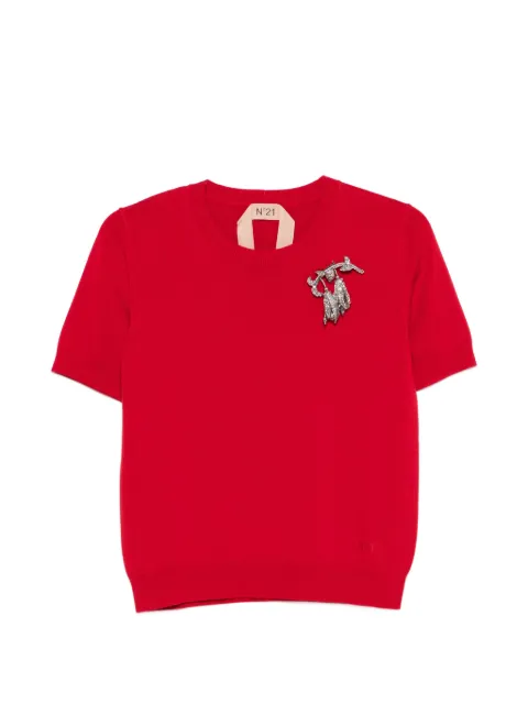 Nº21 brooch-detail T-shirt Red A0127602