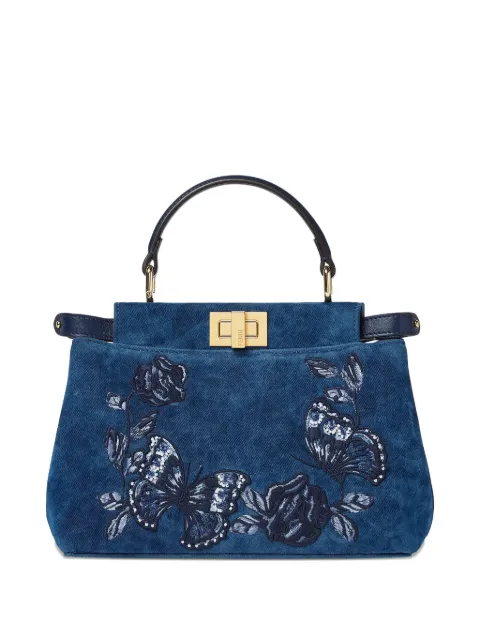 FENDI mini Peekaboo floral-embroidered denim tote bag Blue 8BN244AVR5