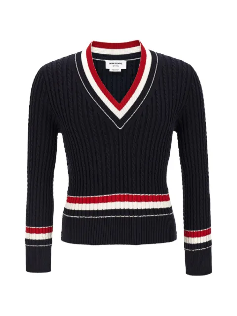 Thom Browne braid tape V-neck cotton sweater Blue MKA581AY3014
