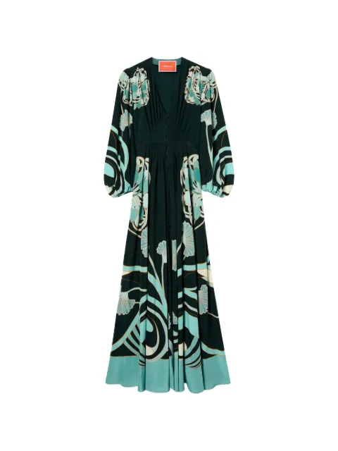La DoubleJ Blooming Tulip Placée dark green in crepe de chine Long Camerino dress Green DRE0720CRE001BTU01GR03